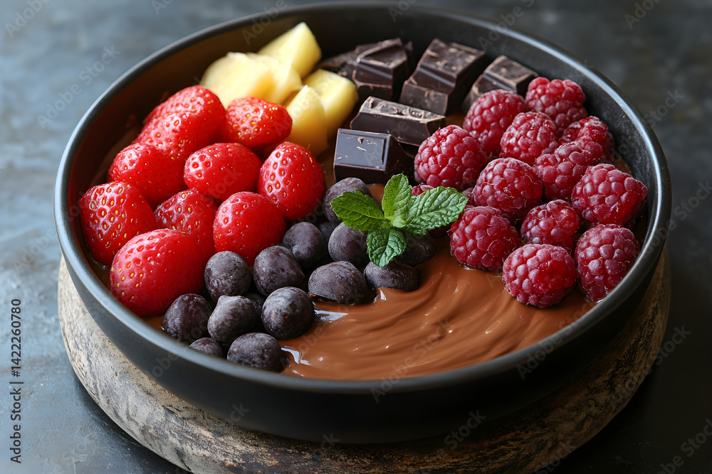 Rich chocolate fondue with fresh fruit and creamy melted chocolate in a pot