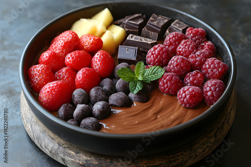 Obraz na płótnie Rich chocolate fondue with fresh fruit and creamy melted chocolate in a pot w salonie