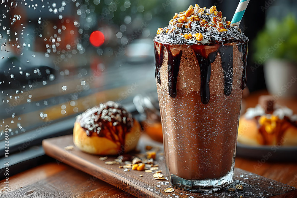 Rich chocolate milkshake topped with flakes and straw on a wooden counter