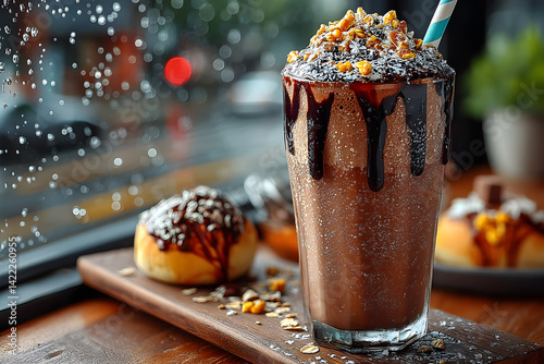 Obraz na płótnie Rich chocolate milkshake topped with flakes and straw on a wooden counter w salonie