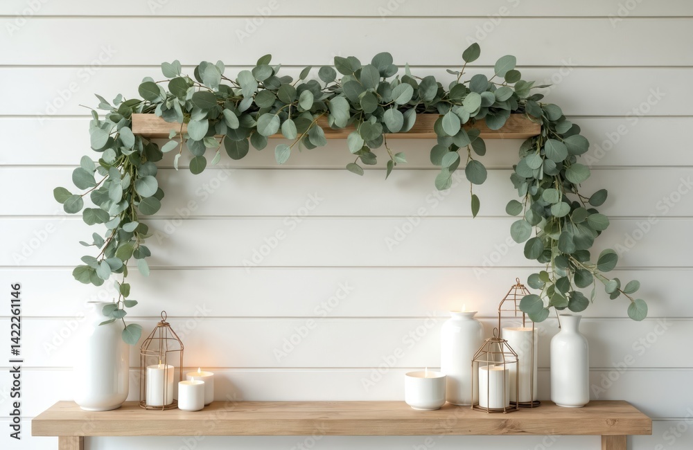 Fototapeta premium Elegant shelf decorated with plants and candles against bright wall. Modern interior design, cozy home decor with natural elements. Fresh, clean, minimalist style.