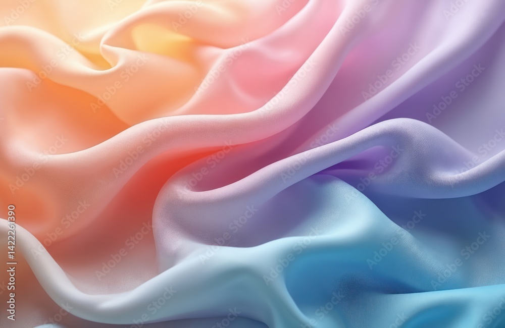 Obraz premium Illustration features soft, flowing fabric layers. Artistic textile texture with vibrant hues, shades of orange, pink, purple, blue. Dynamic waves create visual interest, ideal for fashion design,