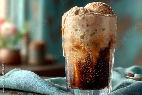 Obraz na płótnie Root beer float in a tall glass with dripping foam and vintage backdrop w salonie