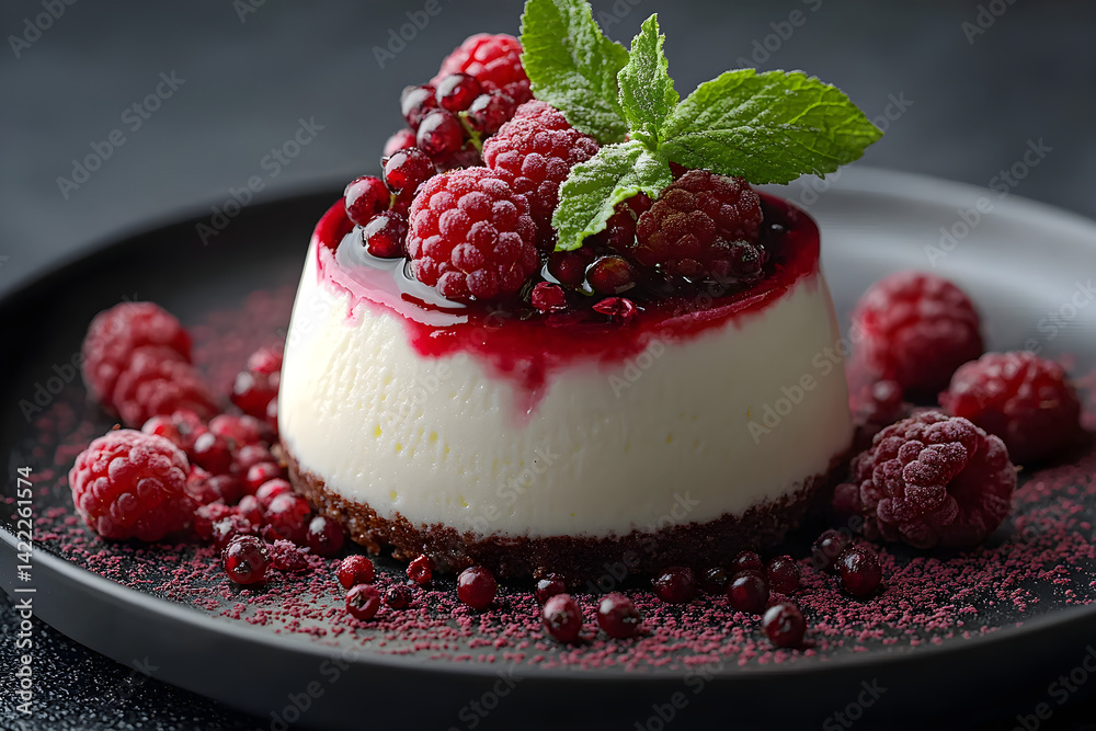 Silky panna cotta with berry topping and smooth texture on white plate