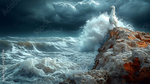 Dramatic coastal scene featuring waves crashing against rocks as a tall bird stands atop under stormy sky photo