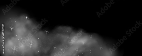 Mystery dark background with glowing particles, stardust, and glittering stars, creating a colorful, ethereal fog. 
