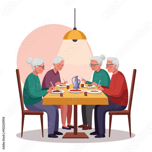 elderly friends enjoying dinner together at a cozy table  
