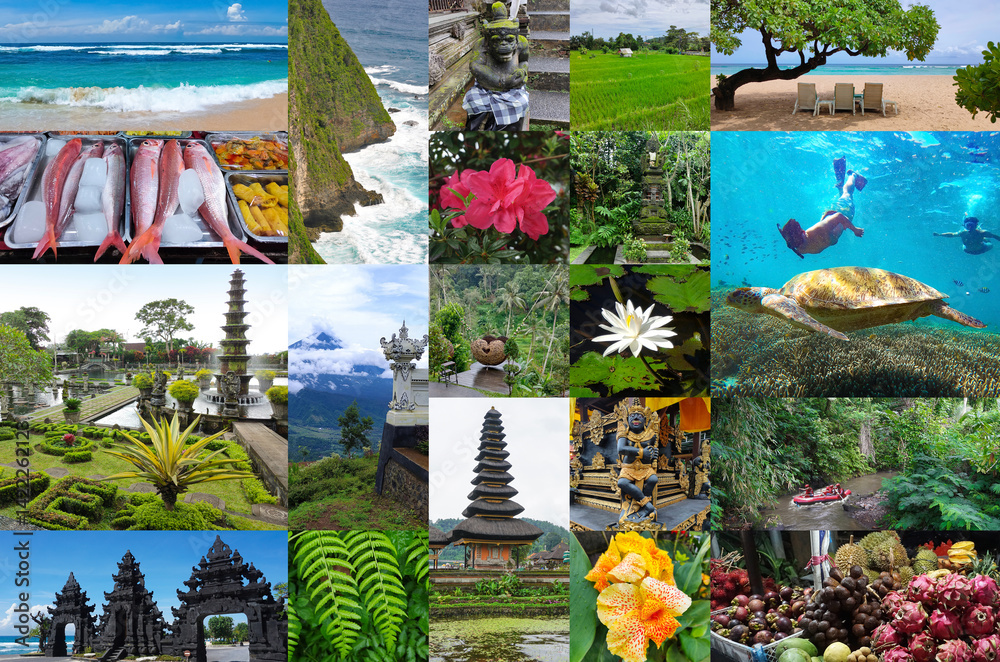Set from images with views of Bali island