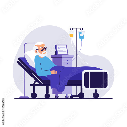 elderly man resting in hospital bed with medical equipment  