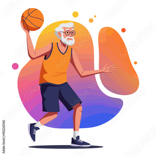 Elderly man playing basketball against a colorful abstract background  
