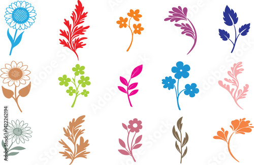 Plant and flower icons isolated on white background. Flowers, leaves and branches silhouettes for wedding card, greeting card, poster or banner designing. Editable for color, size. Vector EPS 10 