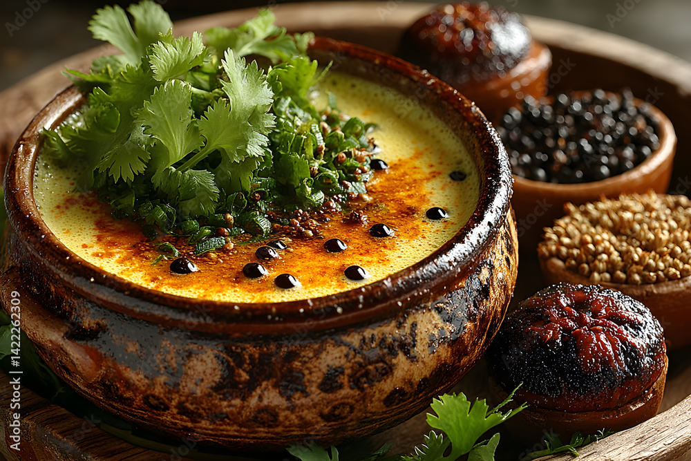 Spiced buttermilk in a clay pot with coriander and mustard seeds floating