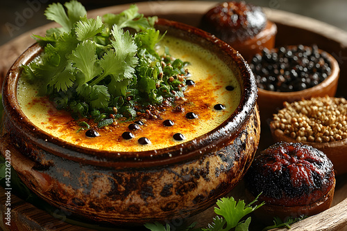 Obraz na płótnie Spiced buttermilk in a clay pot with coriander and mustard seeds floating w salonie