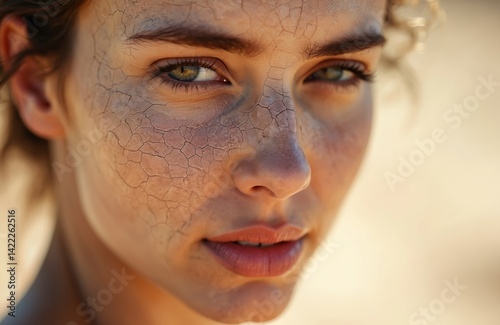 Close-up portrait sad woman face with dry cracked skin. Skin resembling desert landscape. Concept self-care cosmetology beauty industry. Dehydrated complexion needs care, treatment. Problems, effect