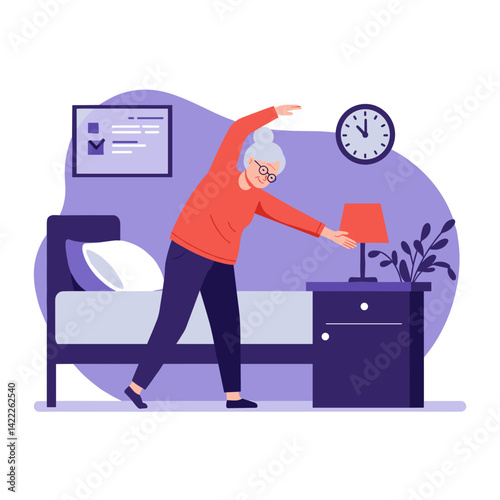 Elderly woman stretching in bedroom with clock and lamp  