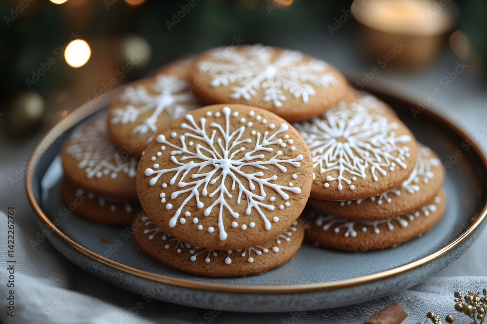 Spicy gingerbread cookies with intricate icing details and soft golden edges