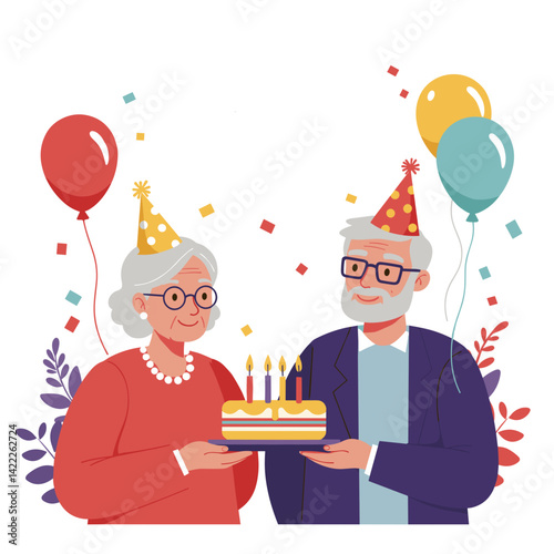 Senior couple celebrating birthday with cake and balloons  