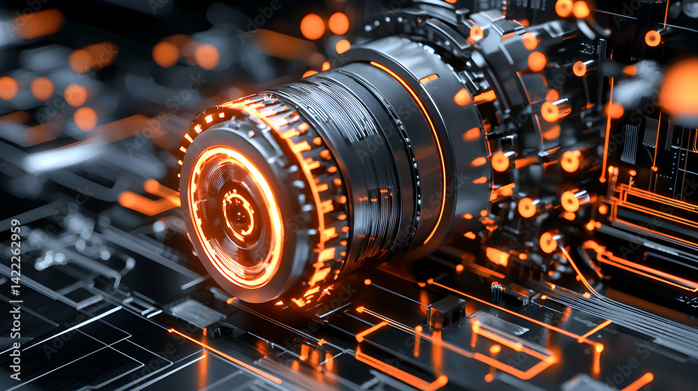 Fototapeta premium A futuristic high-tech device glowing with orange light. Perfect for sci-fi visualizations or representing advanced technology concepts. Use in projects about innovation.