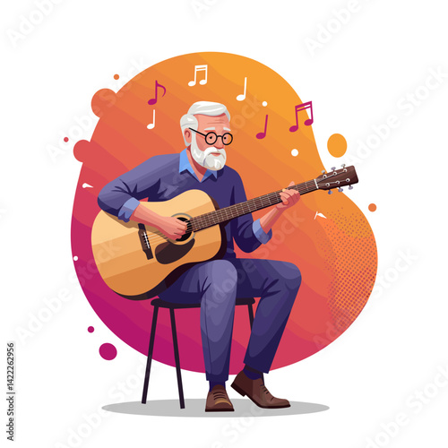 Senior man playing guitar and enjoying music against colorful background  