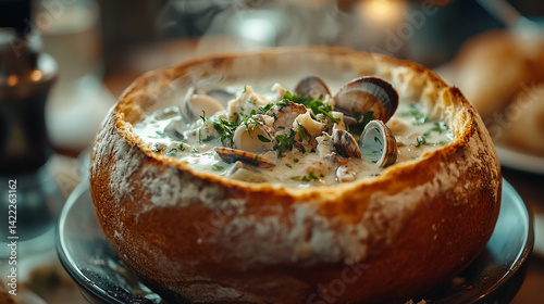 Naklejka Steaming clam chowder in bread bowl