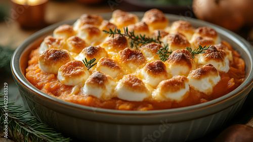 Obraz na płótnie Sweet potato casserole with marshmallow topping and golden brown crust w salonie