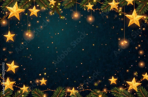 Dark Frame with golden stars, garlands and lights, elegant, golden stars on dark background, New Year Theme, background for signs  