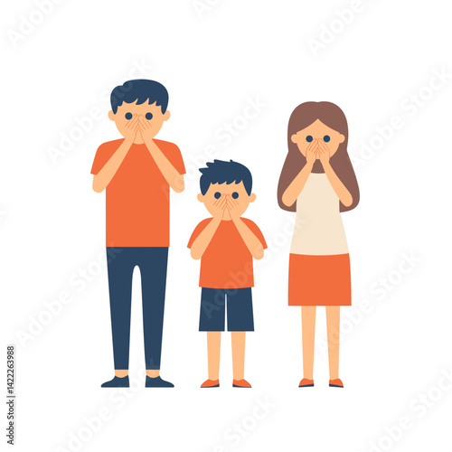 Shocked family standing in surprise with hands on mouths
