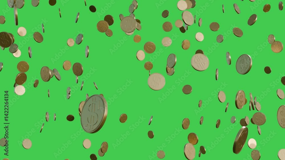 Gold coins falling in front of green screen. Seamless loop of tokens with dollar signs raining down for finance video.