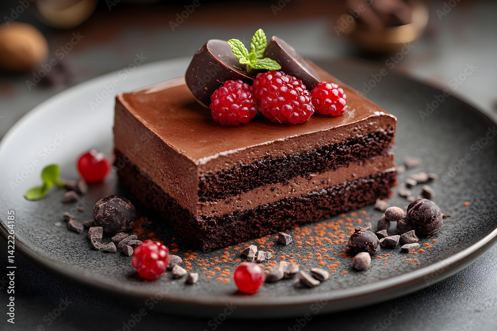Velvety chocolate mousse cake with dark chocolate layers and glossy ganache on elegant plate