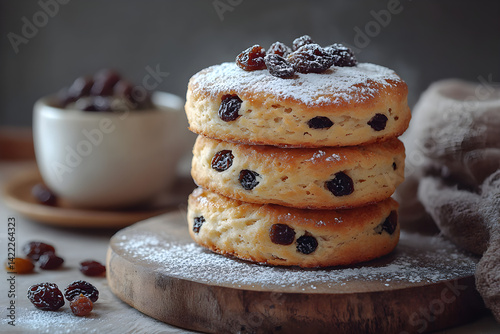 Obraz na płótnie Warm raisin scones with soft, crumbly texture and powdered sugar on rustic surface w salonie