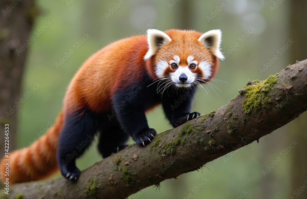 Red panda climbs tree branch. Orange fur black legs white ears. Wildlife, arboreal animal, in natural habitat. Cute mammal. Horizontal orientation. Nature conservation eco-friendly. Red panda climbs tree branch. Orange fur black legs white ears. Wildlife, arboreal animal, in natural habitat. Cute mammal. Horizontal orientation. Nature conservation eco-friendly.