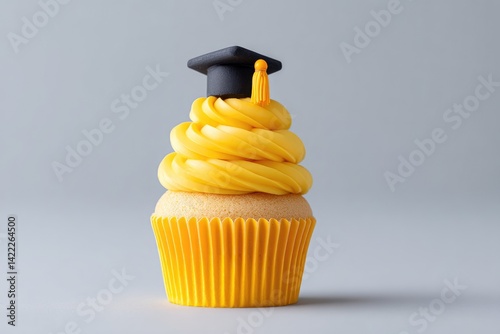 Obraz na płótnie Graduation Themed Cupcake Topped With Yellow Frosting and a Small Black Graduation Cap w salonie