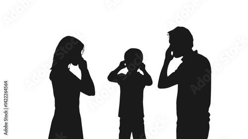 Parents and child covering ears in conflict silhouette
