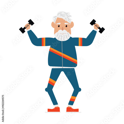 Men's tracksuit in retro style 80s 90s. Old man plays sports for health