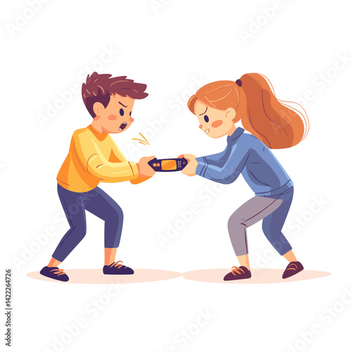 Boy and girl angrily pulling toy in fight over device
