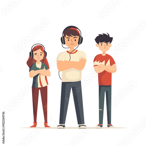 Three upset teens standing with crossed arms and headphones
