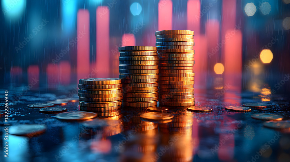 Stack of gold coins growing in height, next to bar graph rising in the background, soft blue and gold palette, clean investment concept visual