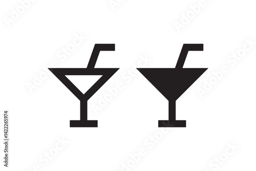 Cocktail glass icon with straw outline and solid Vector