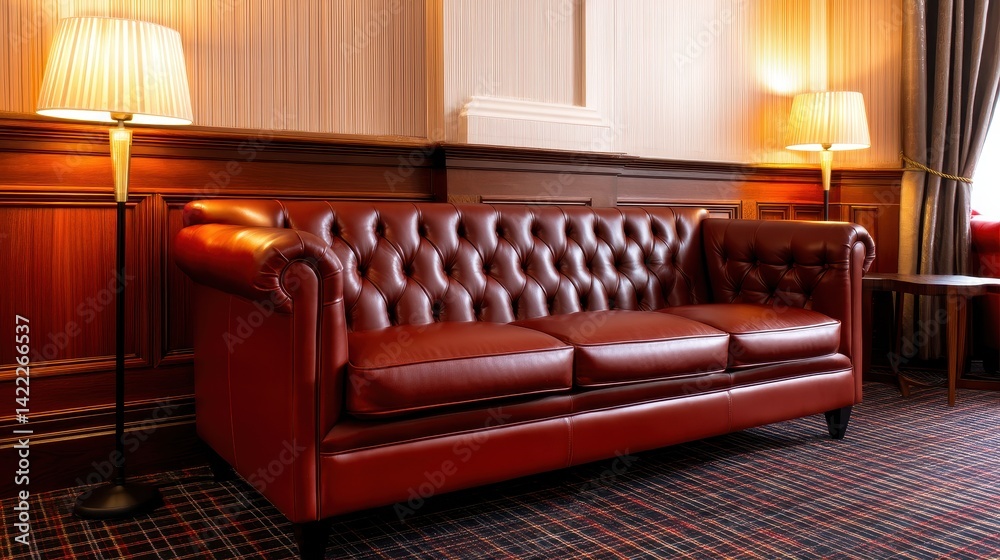 Fototapeta premium Elegant leather sofa in a cozy, well-lit room with warm wooden accents and soft lighting