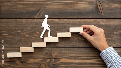 Climbing to Success: A symbolic representation of the climb to achieve goals. This image depicts a person walking up wooden stairs which is a metaphor for building and achieving success. 