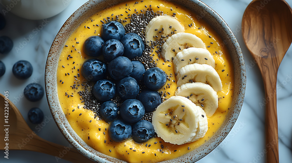 Overhead shot of a vibrant smoothie bowl topped with chia seeds, blueberries