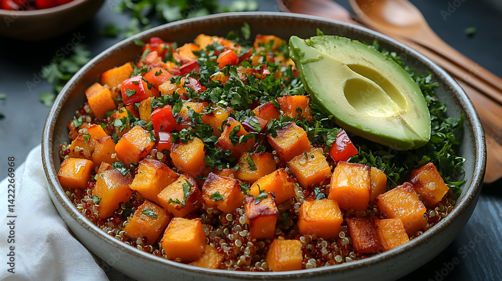 Minimalist flatlay of a clean bowl filled with quinoa, roasted sweet potatoes