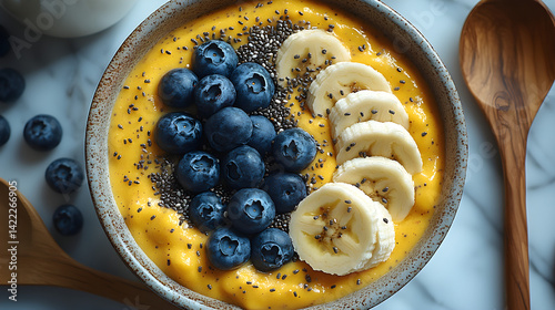 Obraz na płótnie Overhead shot of a vibrant smoothie bowl topped with chia seeds, blueberries w salonie