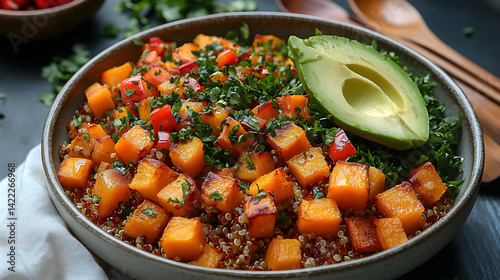 Obraz na płótnie Minimalist flatlay of a clean bowl filled with quinoa, roasted sweet potatoes w salonie