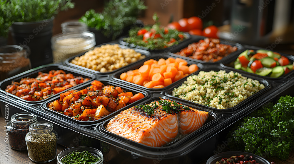 Wide shot of a modern kitchen with neatly organized meal prep containers filled with healthy dishes like grilled salmon, roasted vegetables, and quinoa, with fresh herbs and spices scattered around