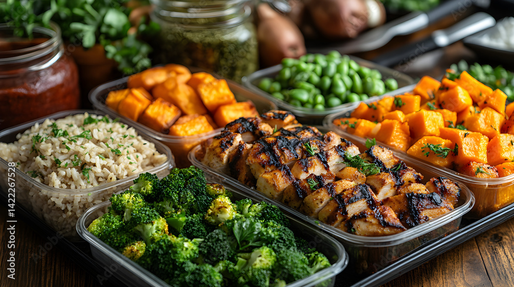 Meal prep scene with neatly arranged containers containing brown rice, steamed broccoli