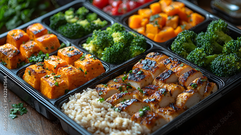 Meal prep scene with neatly arranged containers containing brown rice