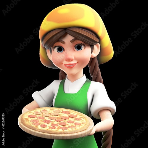 Smiling 3D cartoon girl wearing a green apron and yellow hat, holding a pepperoni pizza on a wooden tray. Isolated on black background.