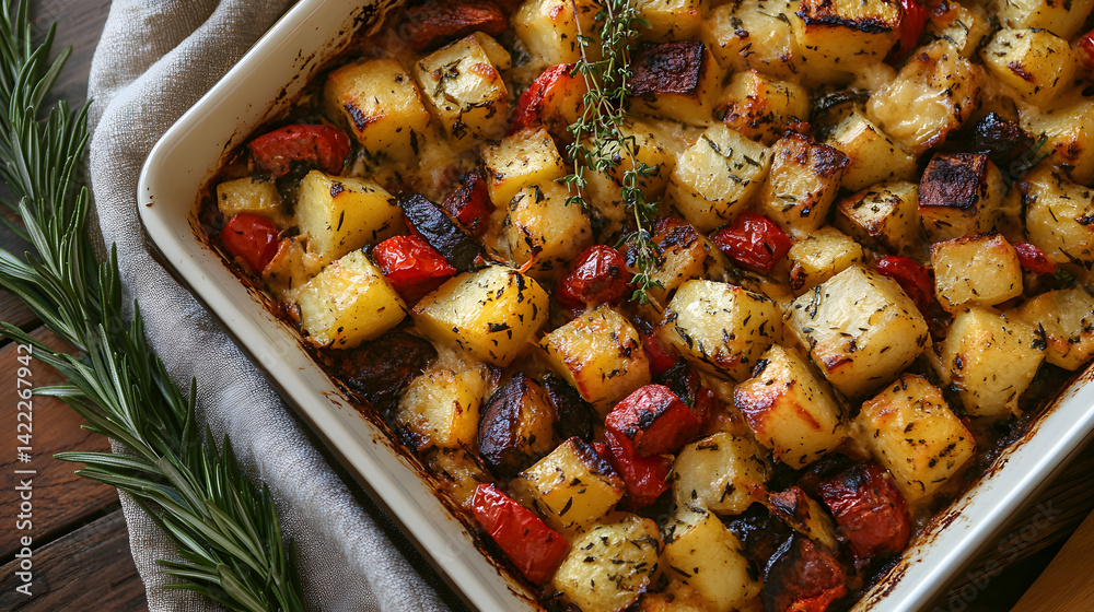 Overhead shot of a casserole filled with roasted vegetables, melted cheese, and herbs, with a rustic wooden spoon and a soft cloth underneath, warm, comforting tones