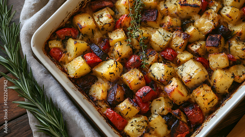 Overhead shot of a casserole filled with roasted vegetables, melted cheese, and herbs, with a rustic wooden spoon and a soft cloth underneath, warm, comforting tones